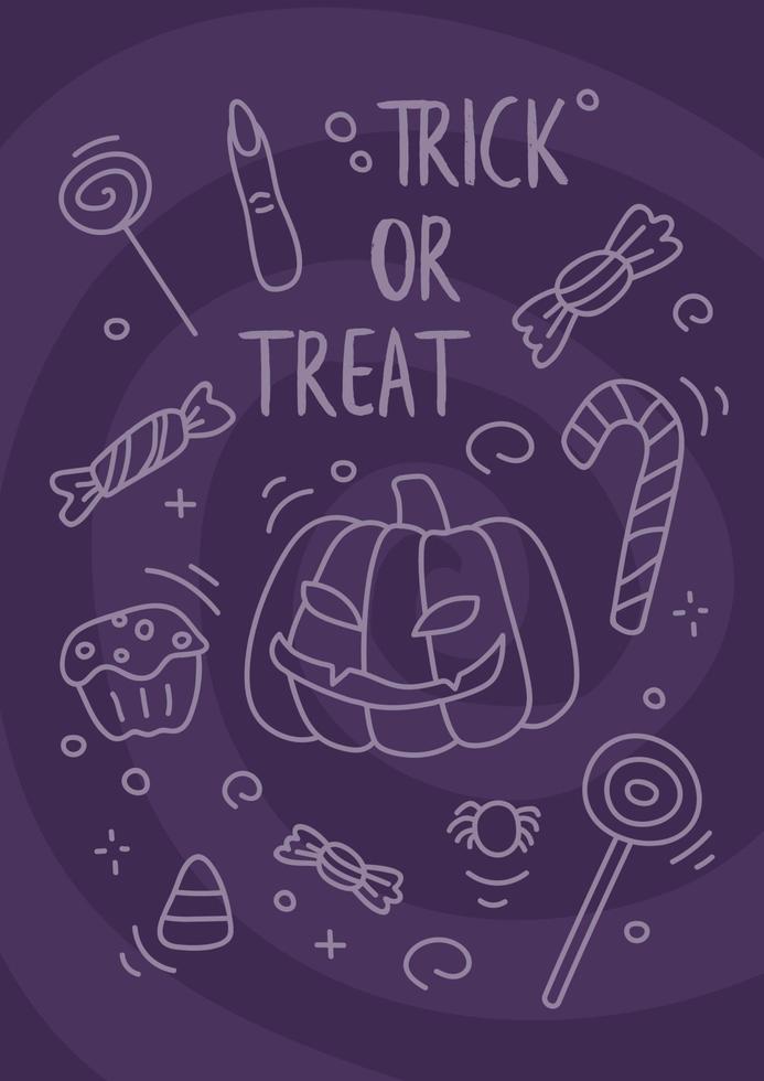 Mystic halloween card. Witch hat, broom and skull fly around. traek or treat Mystical halloween card. Pumpkin with candys. trick or treat poster. Can be used for web, greeting banner, print vector