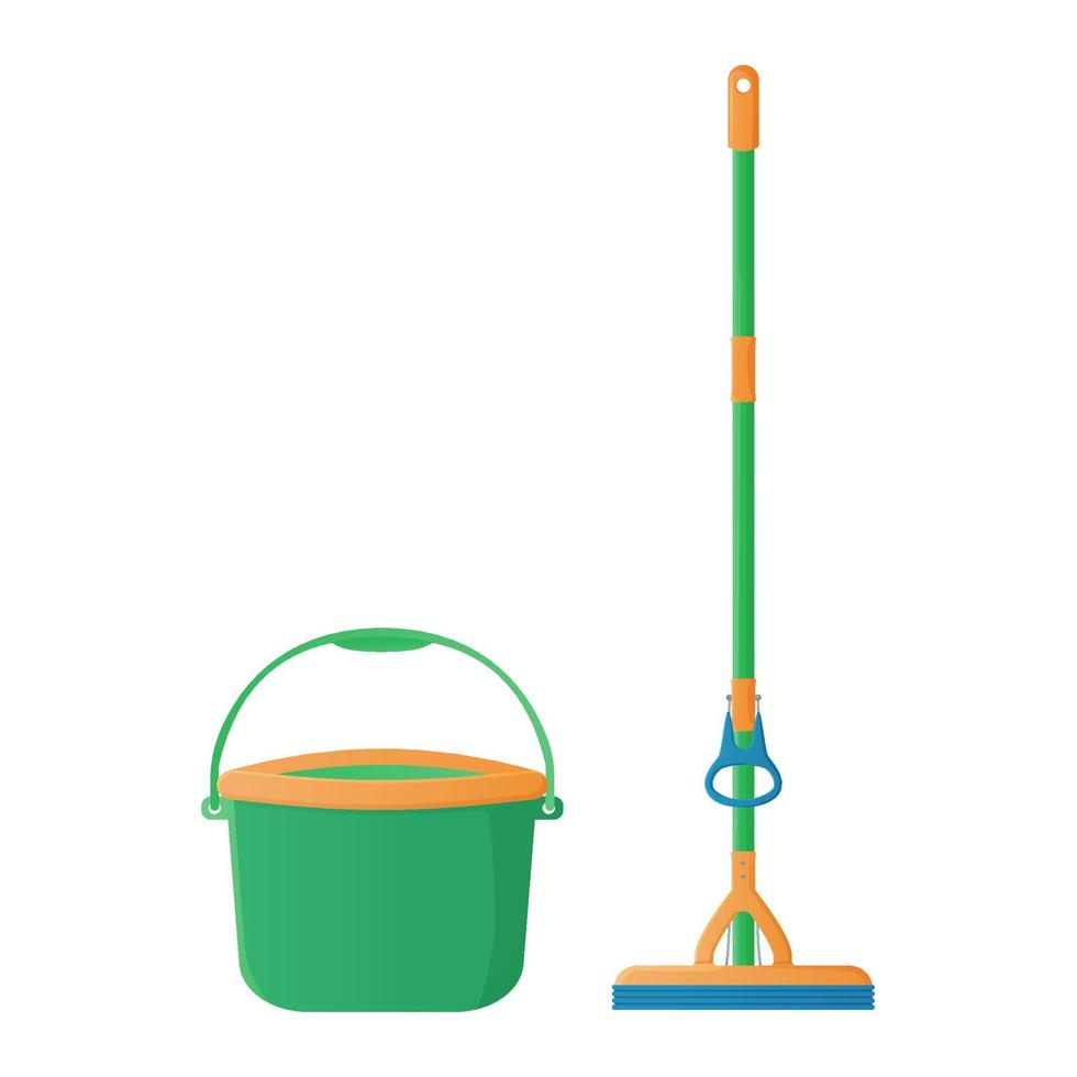 Cartoon sponge mop with hand rubber squeezer with bucket stock vector illustration. Cleaning services, household concept. Equipment for housework elements isolated on white background