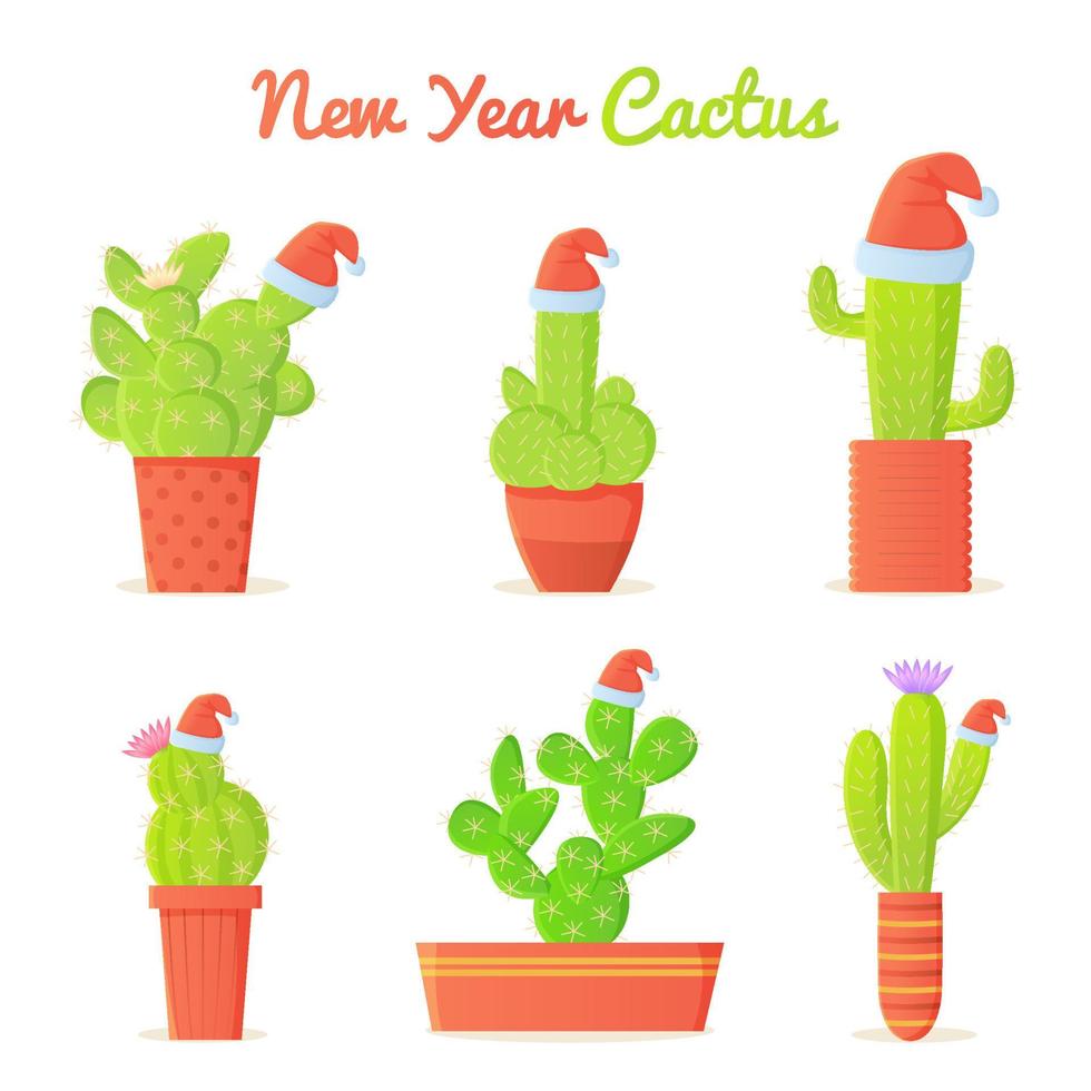 Cartoon cacti in Christmas Santa s hat set. Winter holidays in dessert concept. New year Mexico vector illustration isolated on white background.