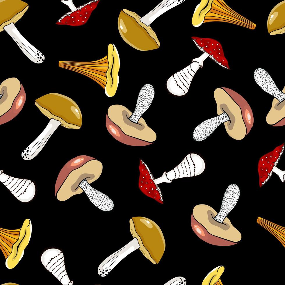 Seamless autumn pattern with different mushrooms. Hand drawn pattern in flat style. Wallpaper, textiles, wrapping paper, page filling, cover, web, packaging. vector