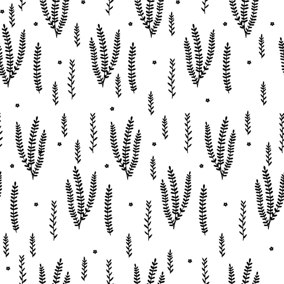 Hand drawn small leaves vector seamless pattern. Tiny vector black branches, twigs with leaves. Black texture with foliage.