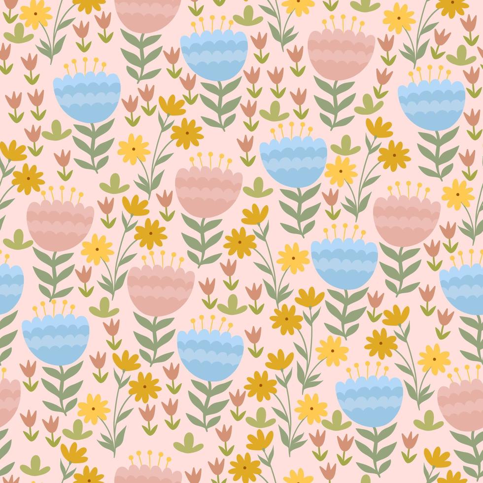 Seamless pattern with cute spring flowers. Vector graphics.