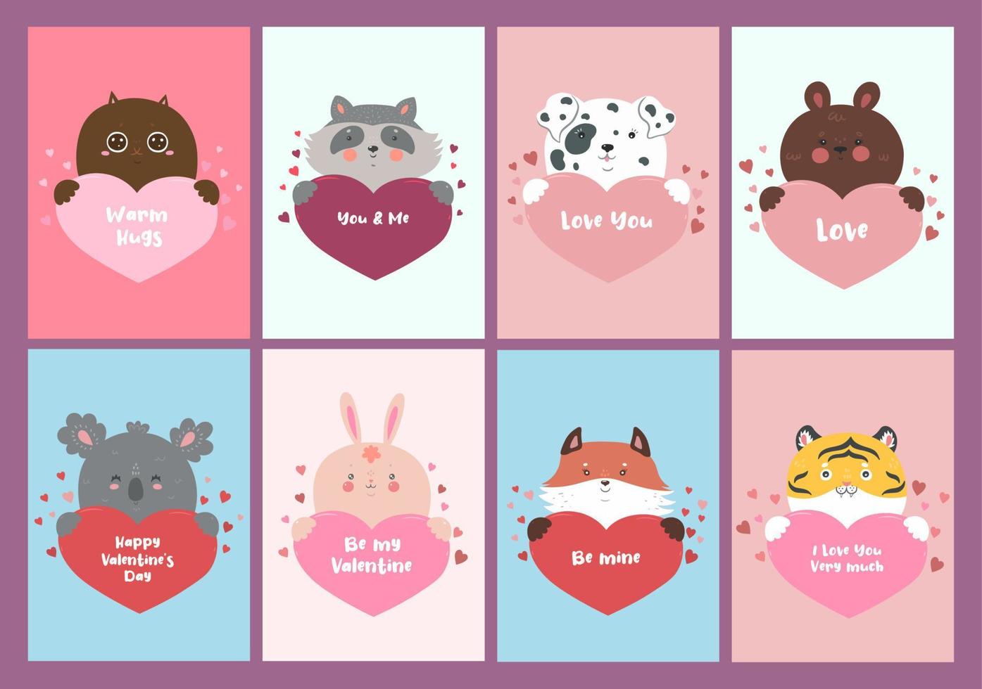 conjunto de tarjetas de san valentín con animales y corazones. gráficos vectoriales vector