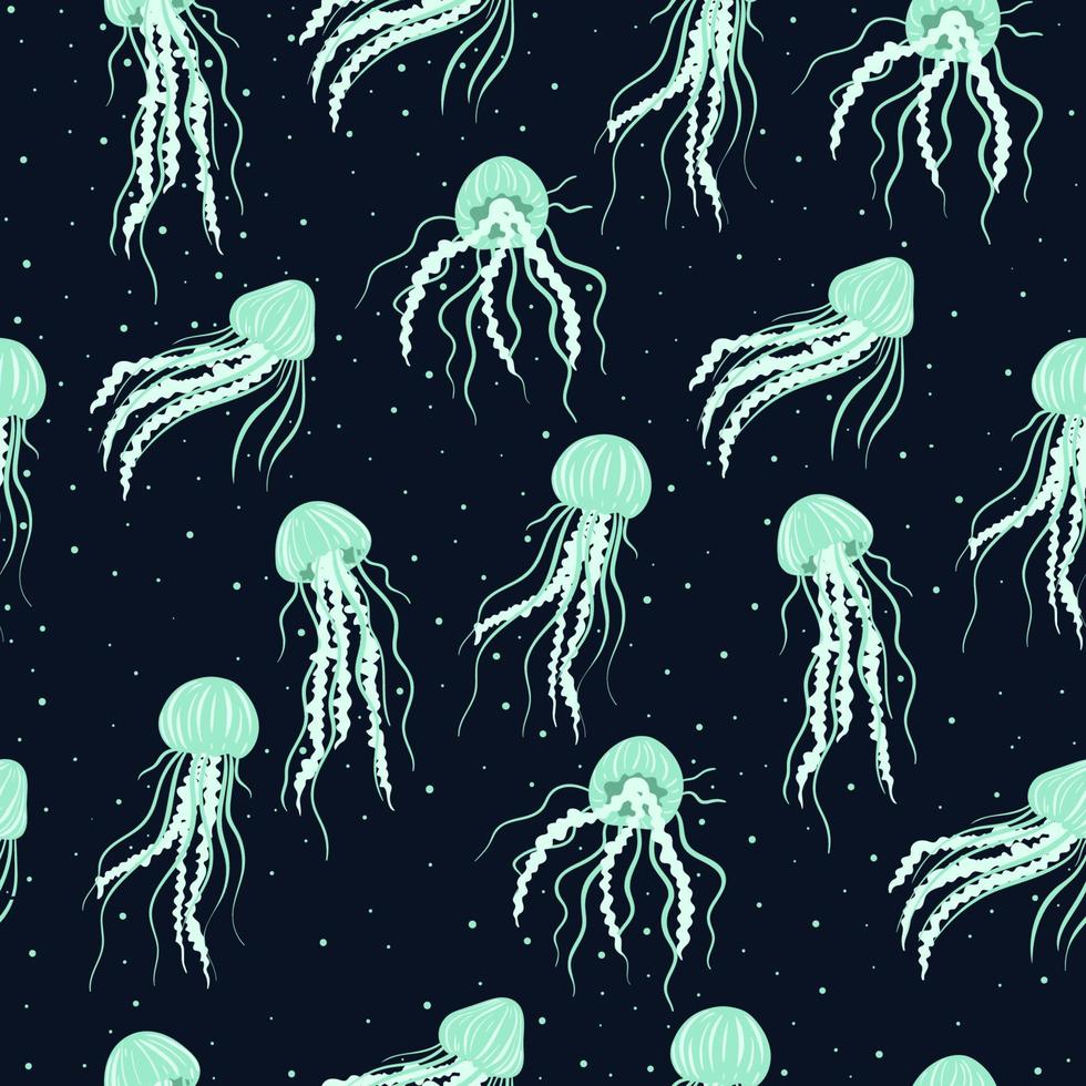 Seamless pattern with jellyfish on a dark background. Vector graphics.