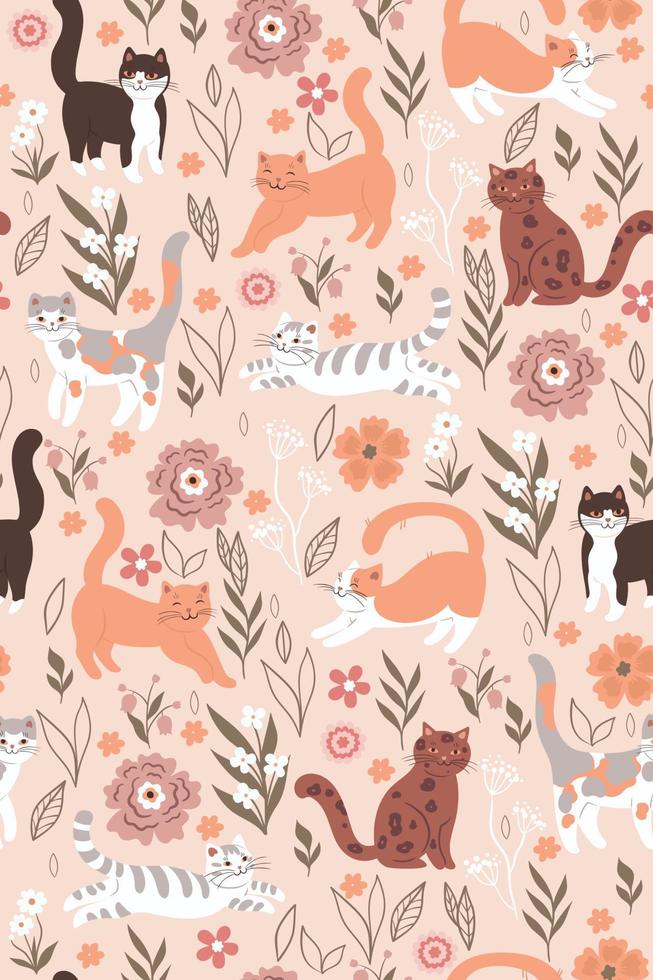 patrón impecable con lindos gatos y flores. gráficos vectoriales vector