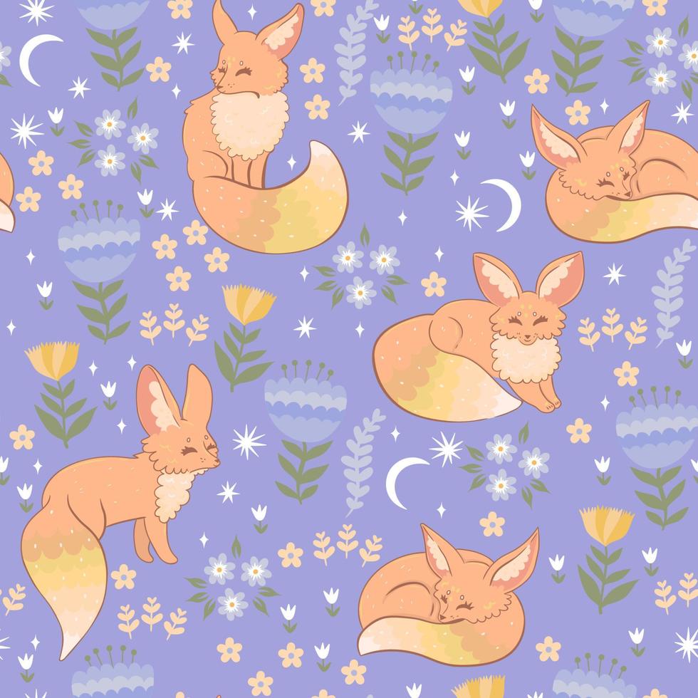 Spring foxes and flora seamless pattern. Vector graphics.