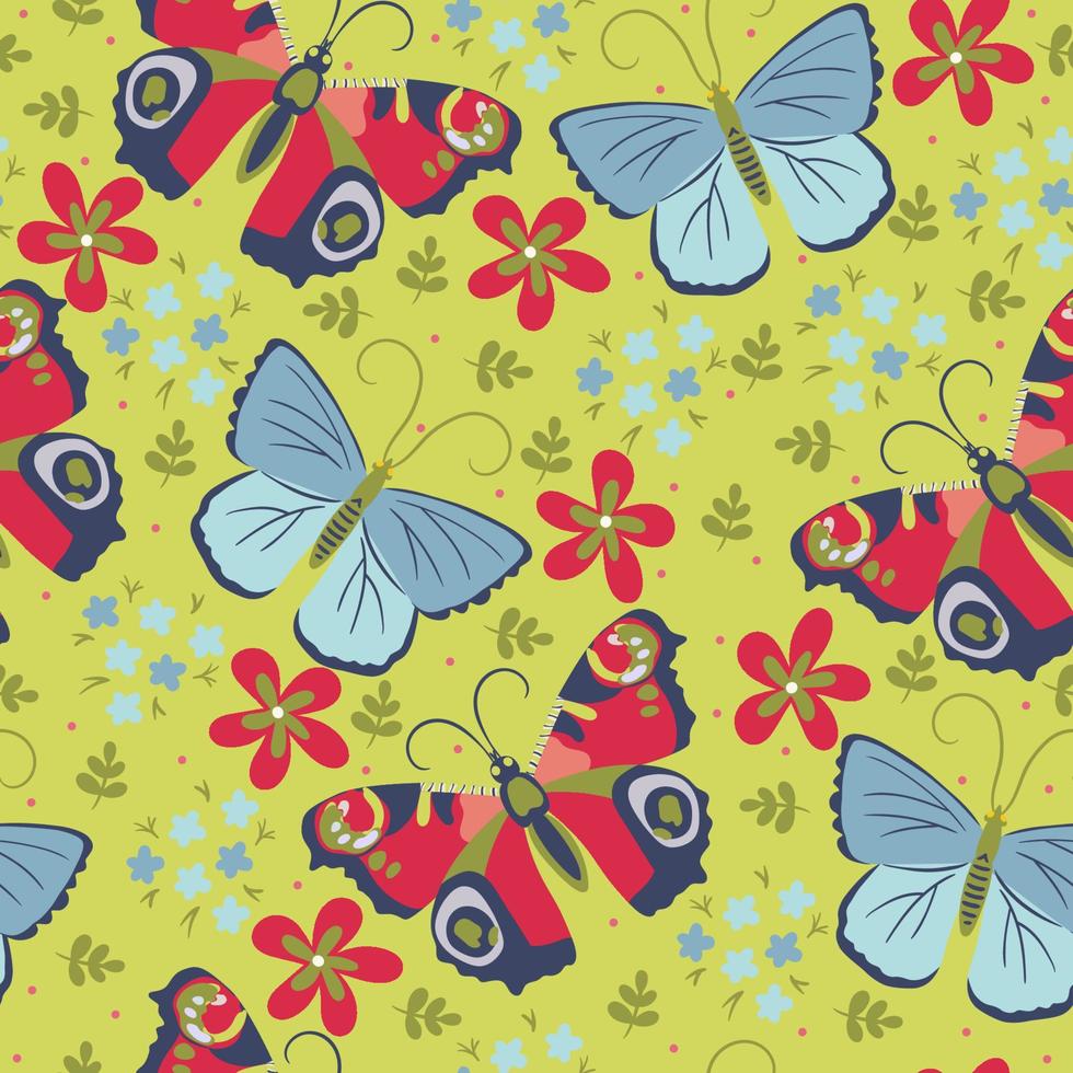 Seamless pattern with butterflies and flowers. Vector graphics.