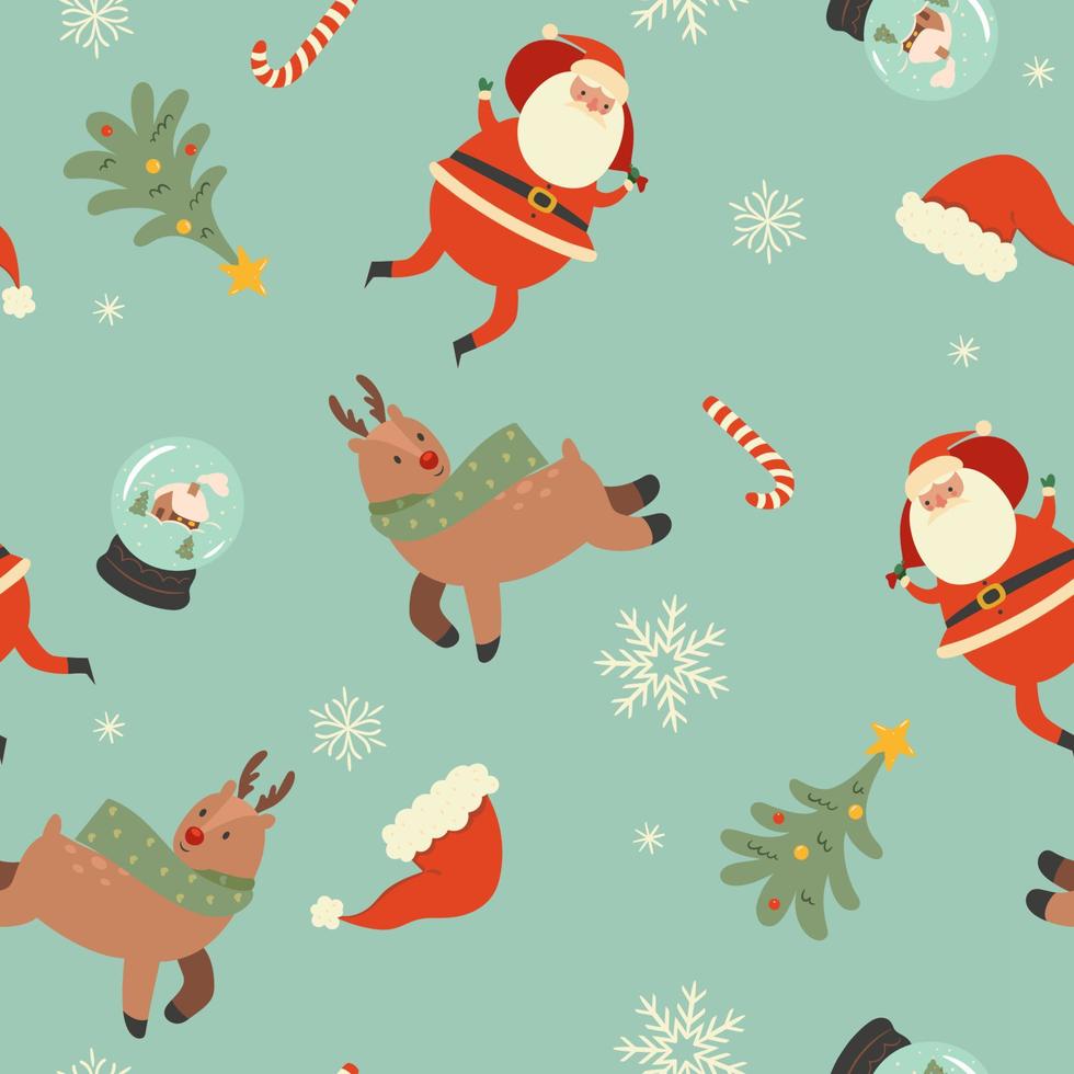 Christmas Pattern with Santa Claus, reindeer, sweets, snow balls, snowflakes, Christmas trees, hats. Vector graphics.