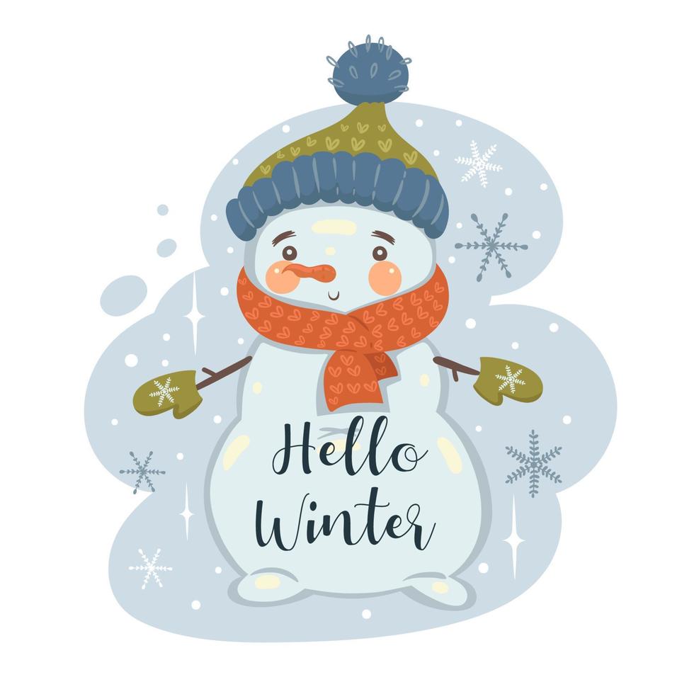 muñeco de nieve con sombrero y bufanda y la inscripción hola invierno. gráficos vectoriales vector