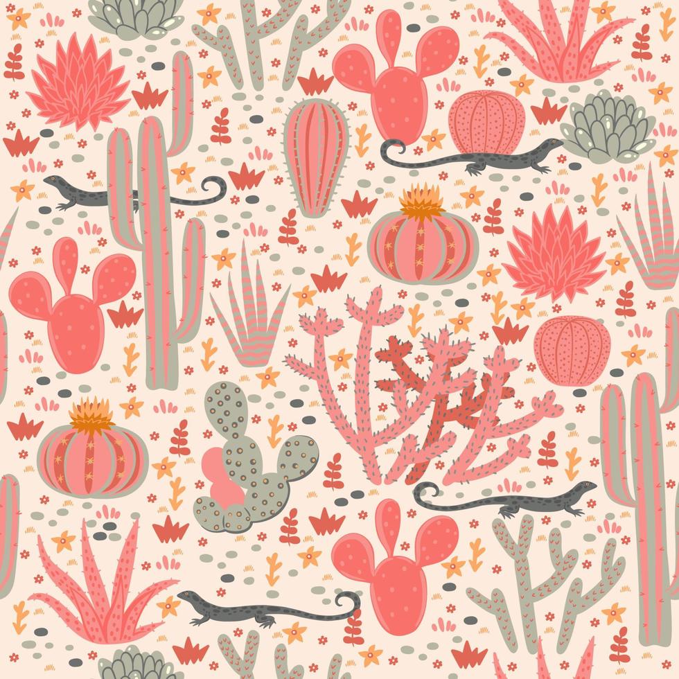 Seamless pattern with cacti and lizards. Vector graphics.