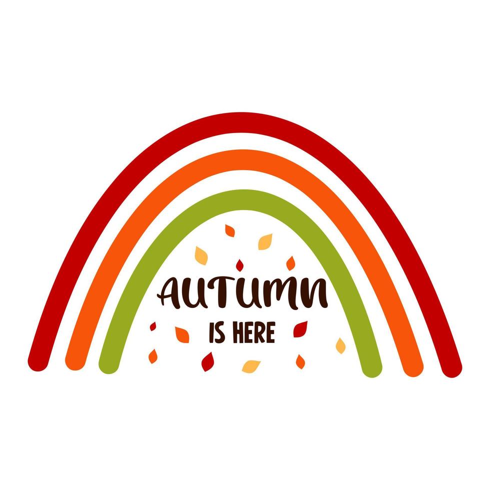 Autumn boho rainbow with falling leaves. Autumn is here quote. Design for postcards, clothing, mug, scrapbooking. vector
