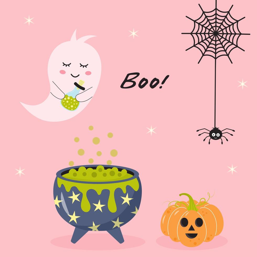 Cute ghost with potion, cauldron with bubbles, black spider and spider web and halloween pumpkin. Boo quote. Halloween pink greeting card. vector