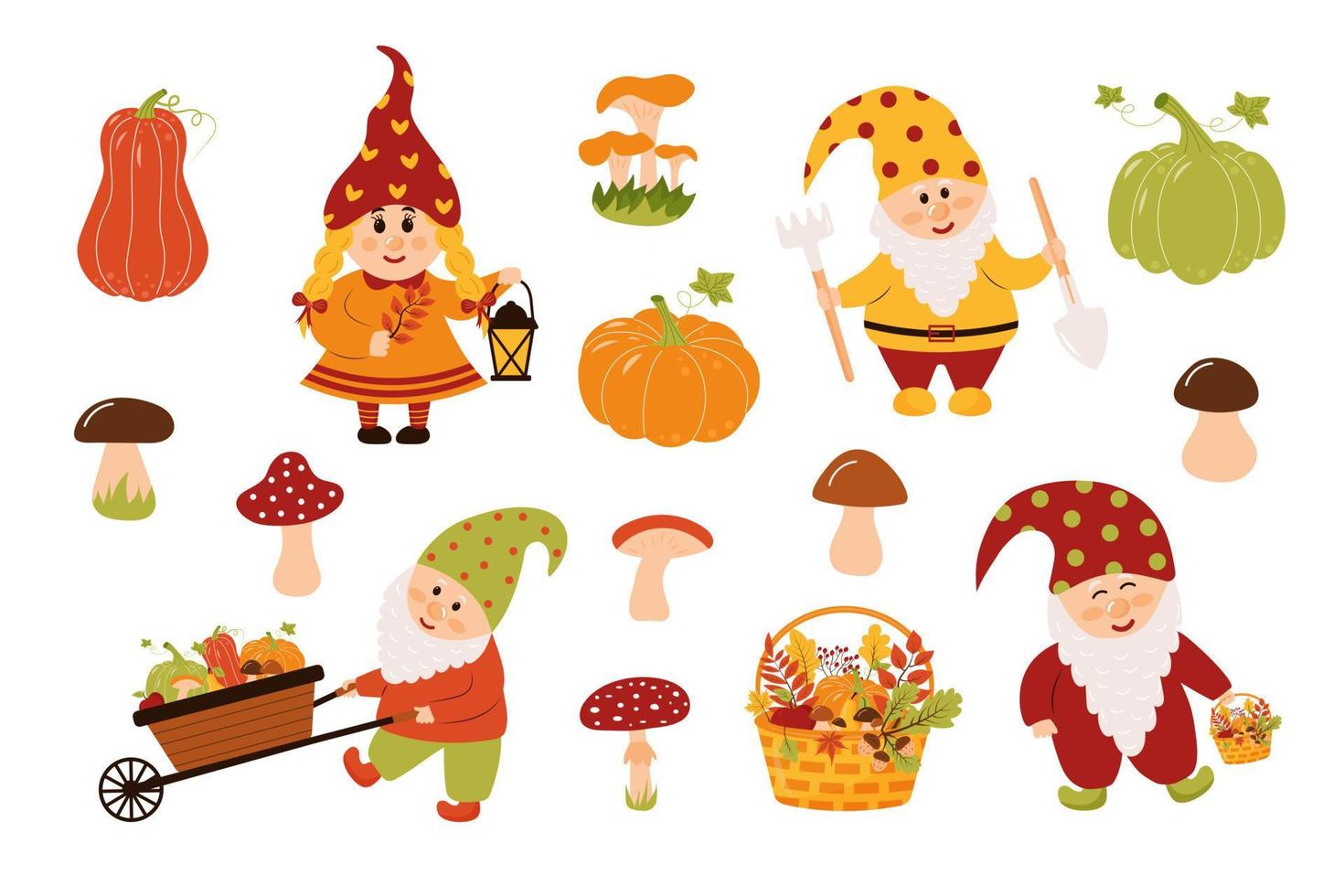 Autumn garden gnomes, mushrooms, pumpkins set. Autumn, fall season, harvesting, thanksgiving concept. vector