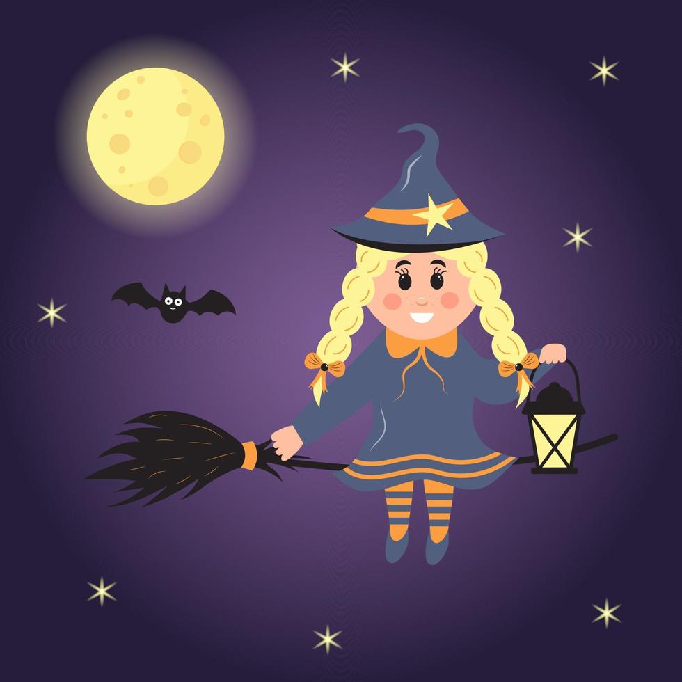 Cute little witch on a broom holding lantern. Magic blonde witch girl flying in the sky among moon and stars with bat. Halloween cartoon character. vector