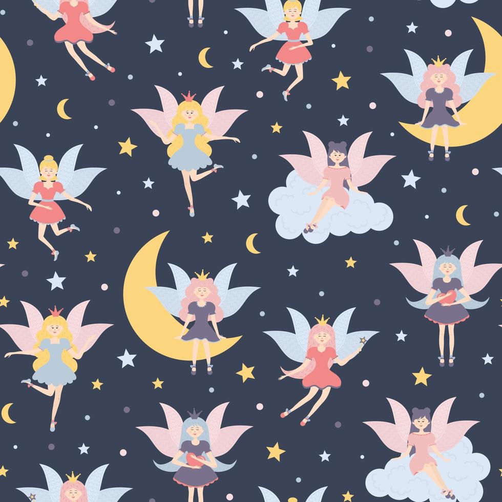 Winged fairy princesses seamless pattern. Cute fairy tale characters with stars and moon in the sky. Childish background. vector