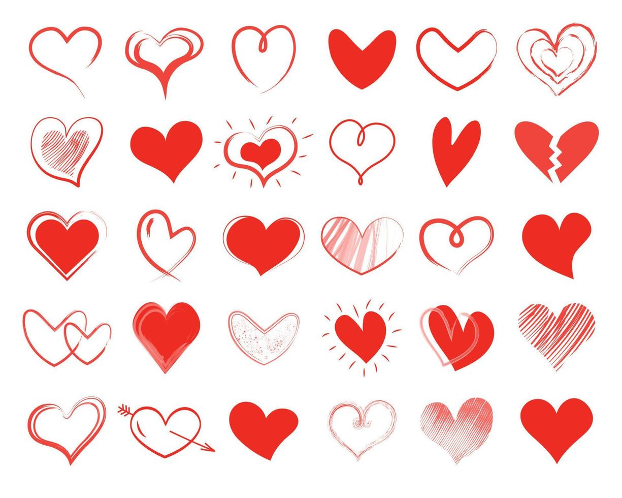 conjunto de corazones dibujados a mano de garabato. diferentes formas y estilos. icono de la línea de amor. vector