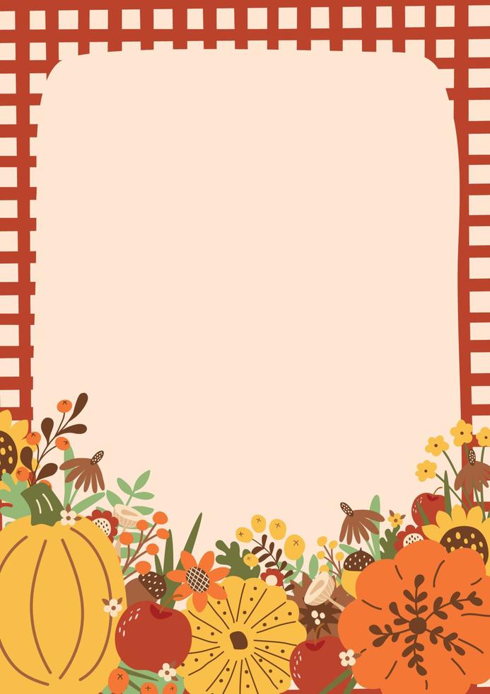 Harvest Festival poster. Autumn fest banner decorated pumpkin, sunflowers, fall leaves. Fall harvest vector illustration. Fall farmers market banner design. Sunflower frame, card. Farm organic food.