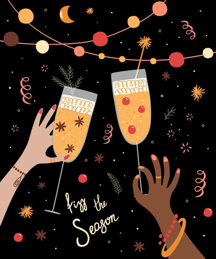 Cheers champagne. Champagne girl. Champagne glasses toasting. New Year or Merry Christmas party celebration. Girls party celebration. Woman hands holding glass of champagne. Winter season Illustration vector