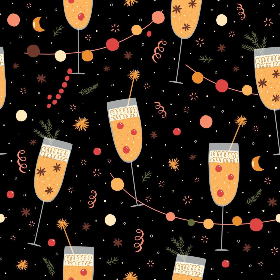 patrón de champán. copas de champán feliz celebración de la fiesta de año nuevo, prosecco, fondo transparente de cava. ilustración vectorial oscura. saludos navidad año nuevo patrón de champán de dibujos animados, cartel de tarjeta. vector