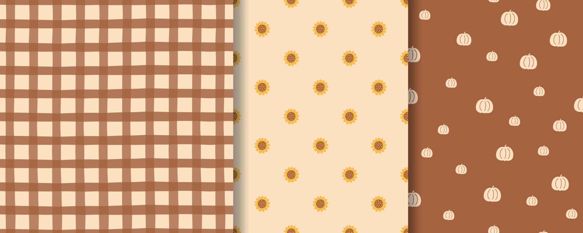 Boho fall patterns set. Sunflowers autumn pattern, checkered print, pumpkin pattern. Harvest fall background collection. Various autumn brown surface textile design, wallpaper. Vector illustration.