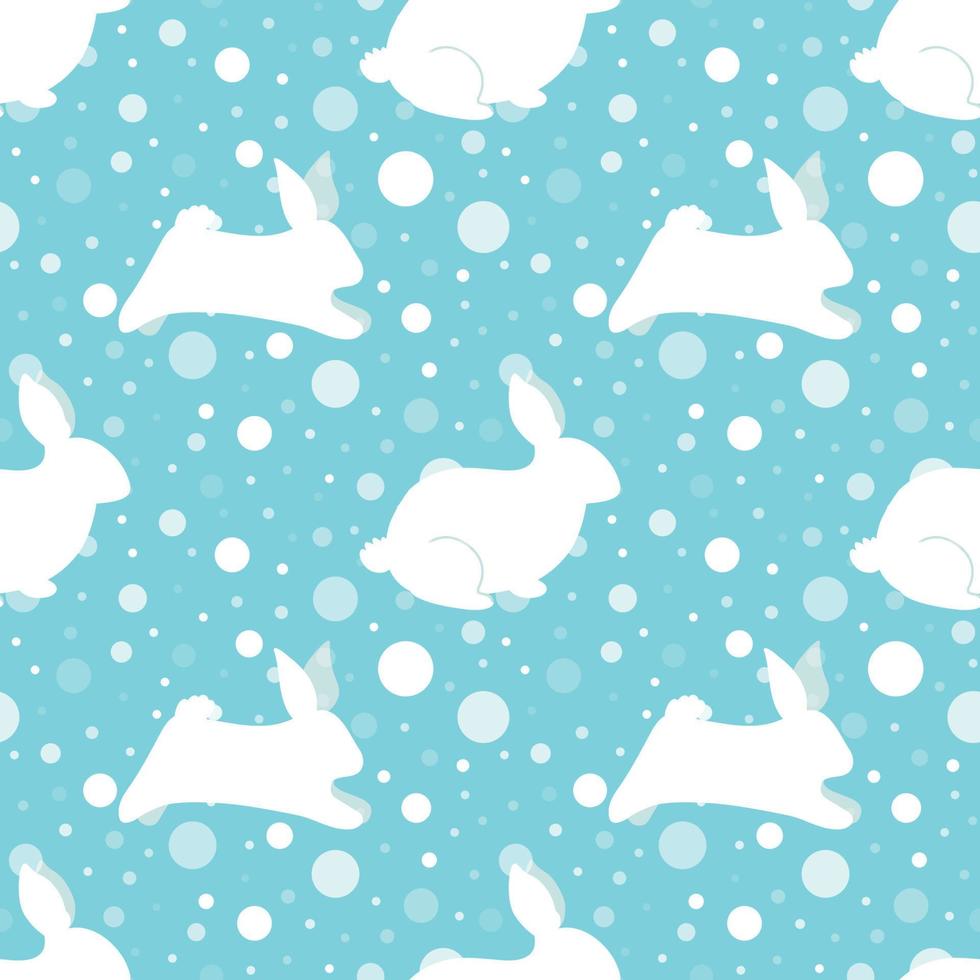 New Year rabbit pattern. New Year 2023 seamless background, textile, fabric design. Vector print with rabbits, hare, snowflakes. Cute winter holidays illustration. Polka dot. Blue winter print rabbits