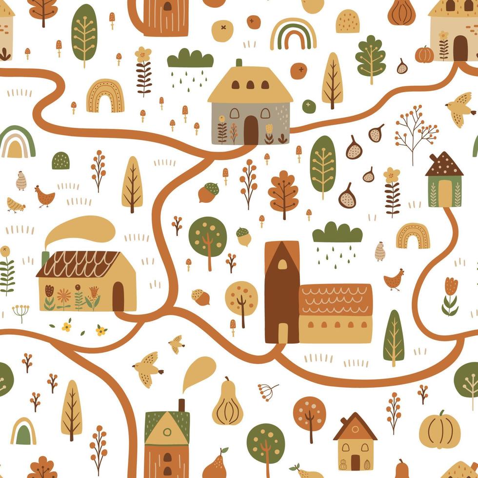 Cartoon village map. Cute map nature vector illustration. Cottage houses, forest, farm landscape. Cozy autumn town scene. Childish hand draw kids room poster. Pumpkin harvest garden nature landscape.