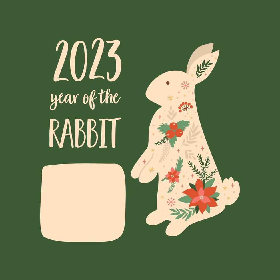 conejo de navidad 2023. símbolo de conejo de año nuevo floral año 2023. cartel de conejito. linda tarjeta de feliz navidad con liebre floral. elemento gráfico aislado de conejo de invierno dibujado a mano. Ilustración de vector de conejo divertido