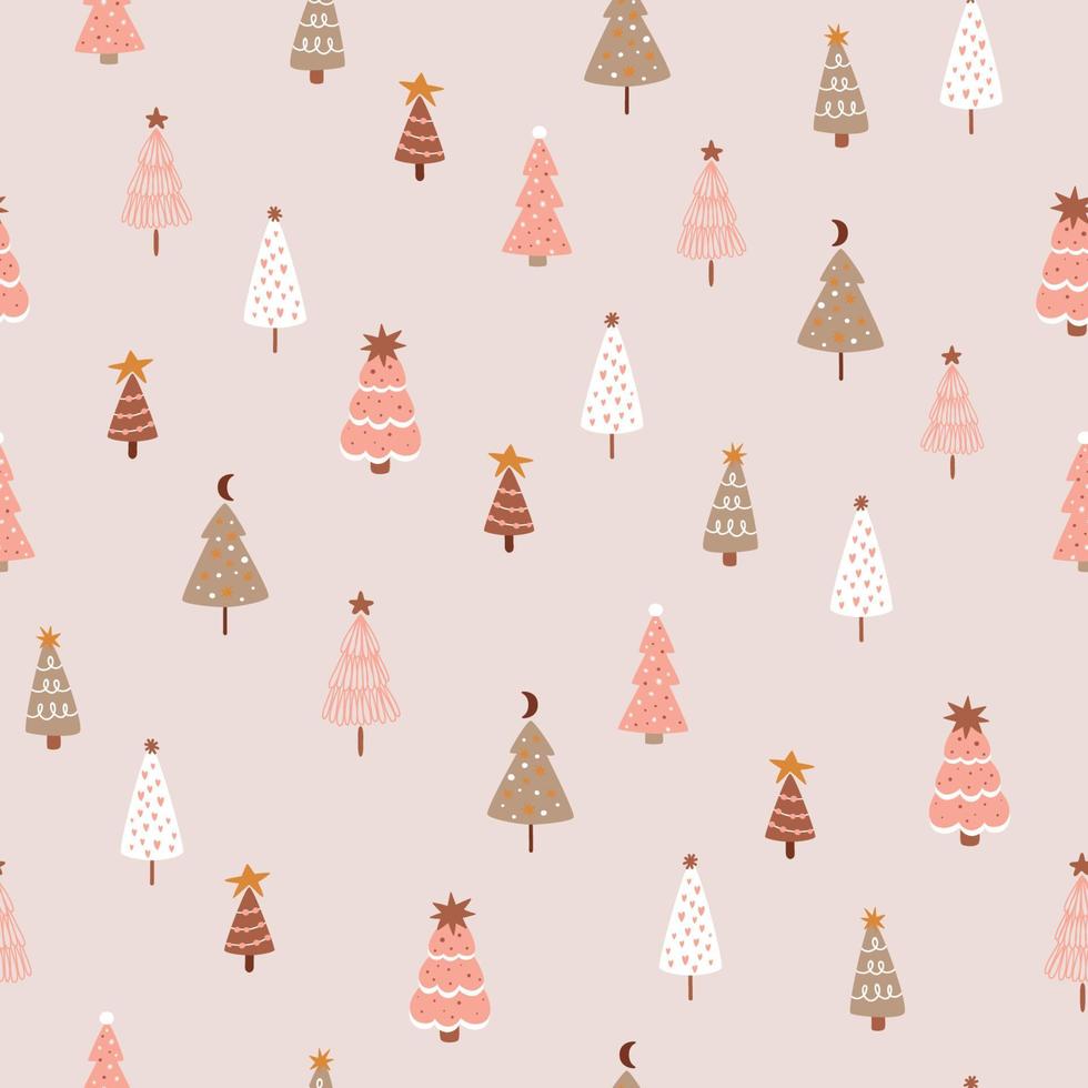 árbol de Navidad rosa de patrones sin fisuras. lindo abeto dibujado a mano sobre fondo rosa. patrón sin costuras del bosque de invierno vectorial. diseño de tela de árbol de navidad nórdico. ilustración de navidad rosa para niños simples. vector