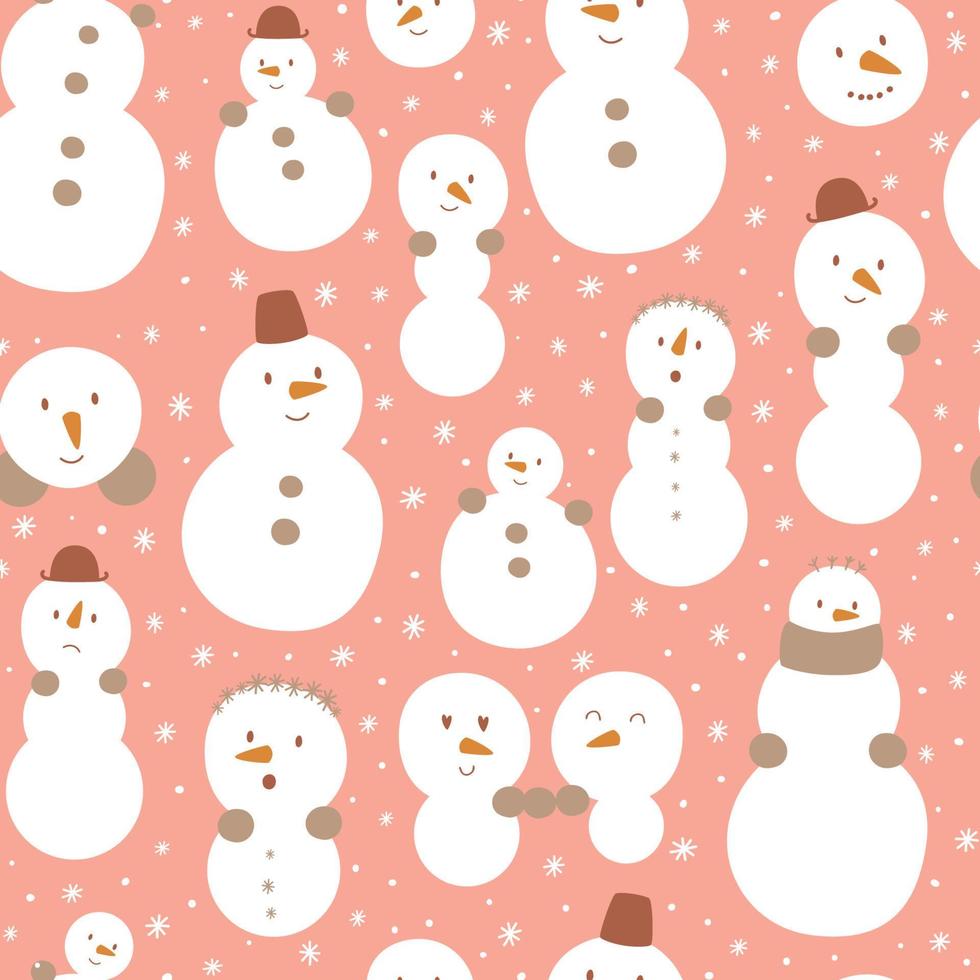 Pink Snowman. Cute pink Christmas snowman seamless patterm. Childish funny snowman with smiling faces. Happy New Year pastel background Winter holidays pinkish textile design Baby vector illustration.