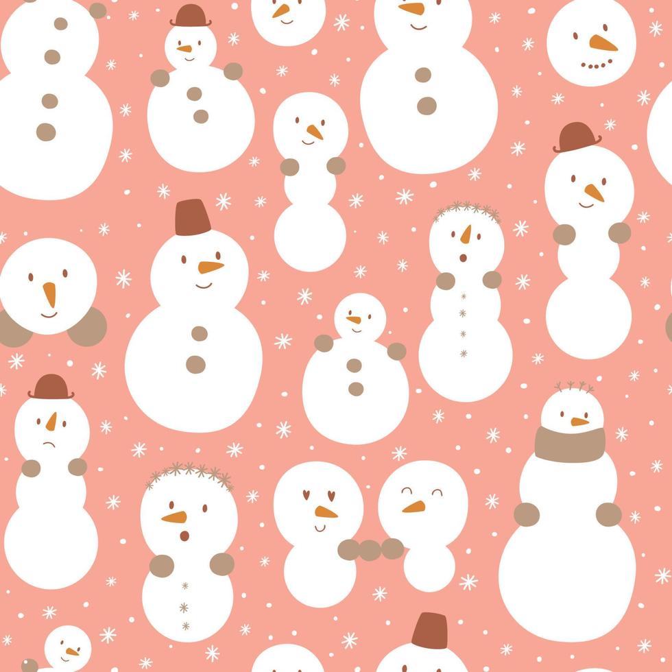 muñeco de nieve rosa. Lindo patrón sin costuras de muñeco de nieve de Navidad rosa. muñeco de nieve divertido infantil con caras sonrientes. feliz año nuevo fondo pastel vacaciones de invierno rosa diseño textil bebé vector ilustración.