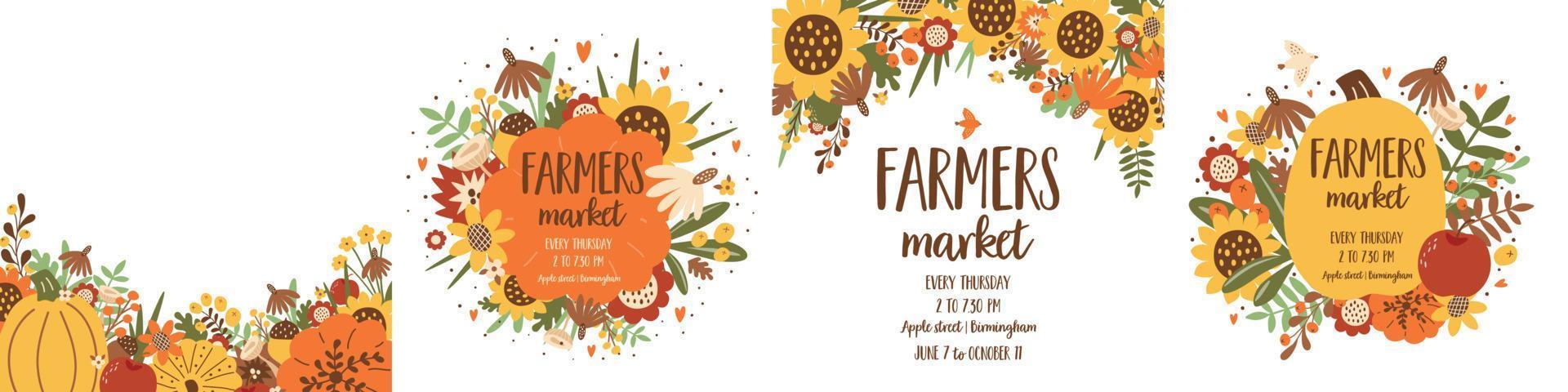 Harvest Festival posters set. Autumn fest banner collection. Cute pumpkin, sunflower fall leaves. Autumn harvest market invitation collection. Vector illustration. Local food poster design