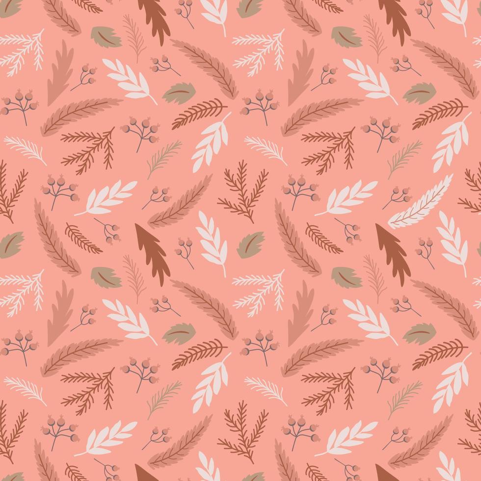 Pink Christmas floral pattern. Christmas botanical fir tree branches, hand drawn leaves. Pink winter holiday floral graphic design. Fabric, wallpaper, paper, background, texture. Vector illustration.