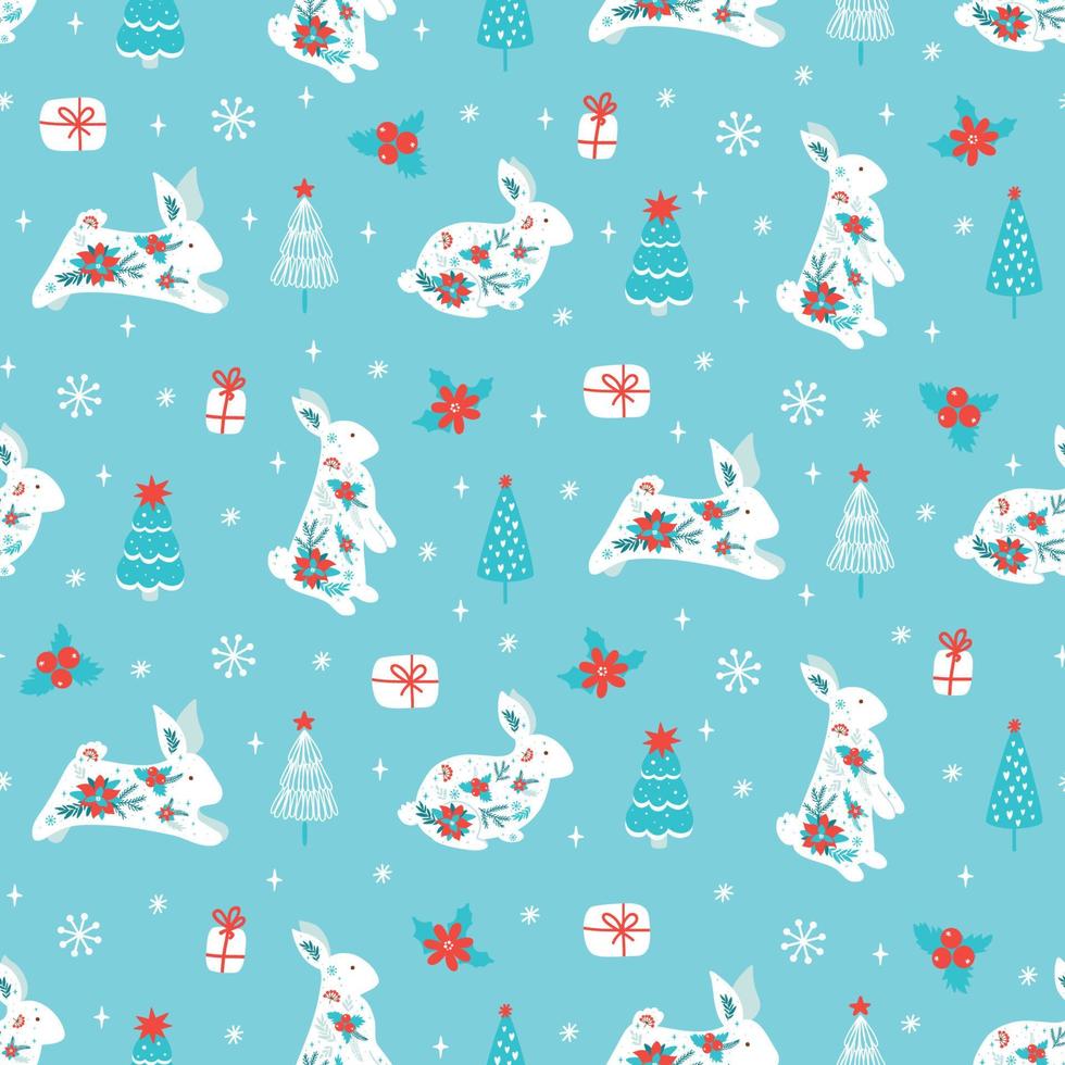 New Year rabbit pattern. New Year 2023 seamless background, textile, fabric design. Vector print with rabbits, hare, gifts, Christmas tree, flowers, snowflakes. Cute illustration of floral rabbits.