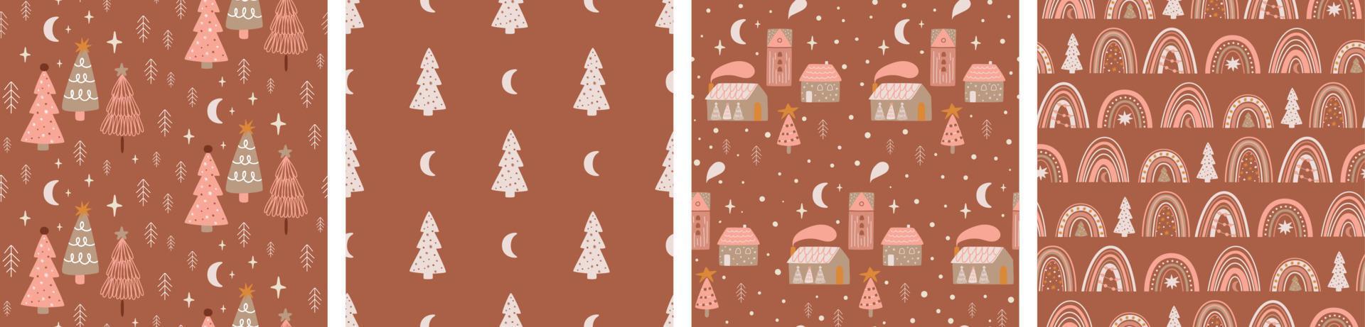 Christmas trees seamless pattern set. Christmas tree scandinavian seamless pattern collection. Winter wonderland pattern wallpaper. Winter forest background. Winter holiday vector illustration.