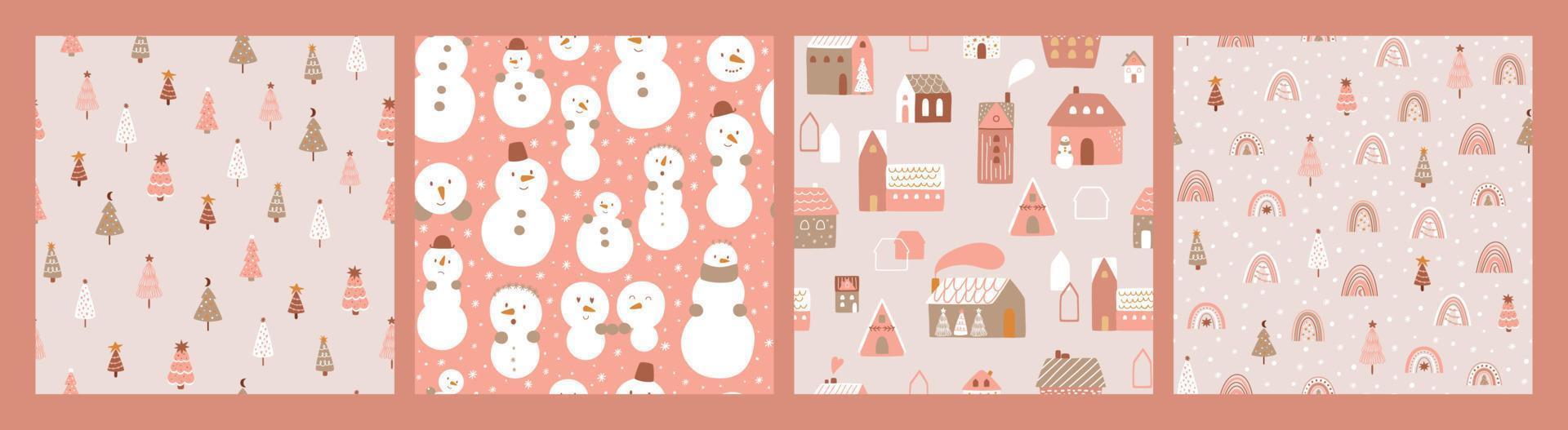 Pink Christmas pattern set. Pastel winter seamless repeated background. Christmas trees, houses, village, snowman, rainbow print collection. Cute New Year decor. Vector illustration. Winter paper.