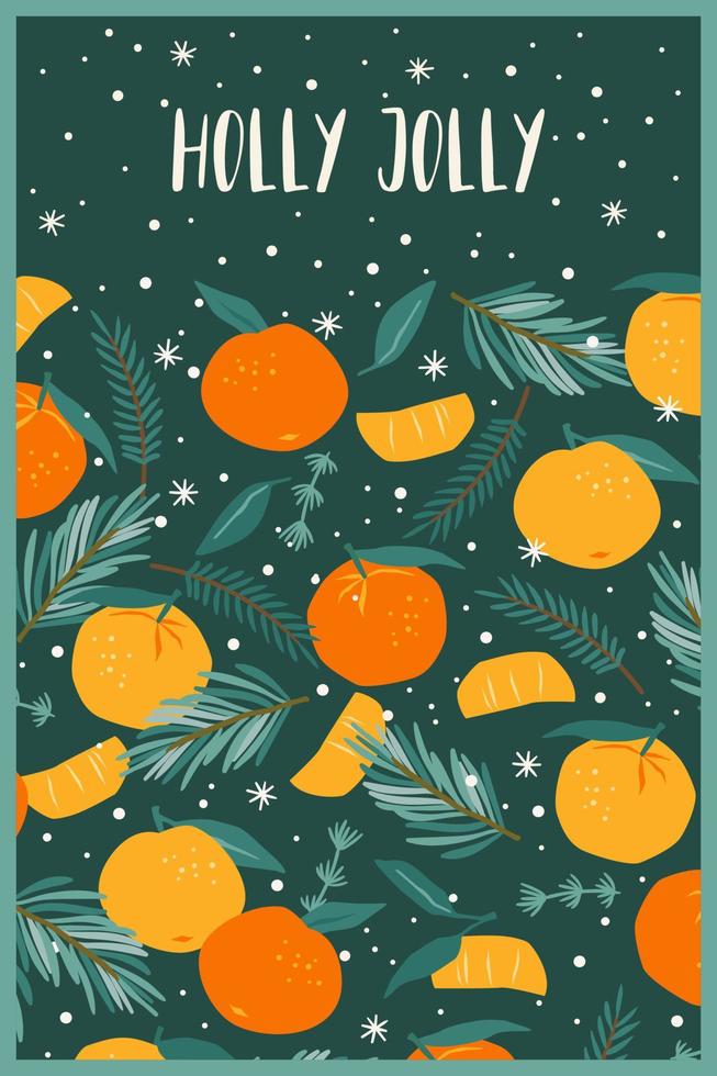 Christmas and Happy New Year illustration. Christmas tree and tangerines. New Year symbols. Vector design template.