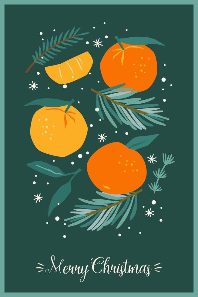 Christmas and Happy New Year illustration. Christmas tree and tangerines. New Year symbols. Vector design template.