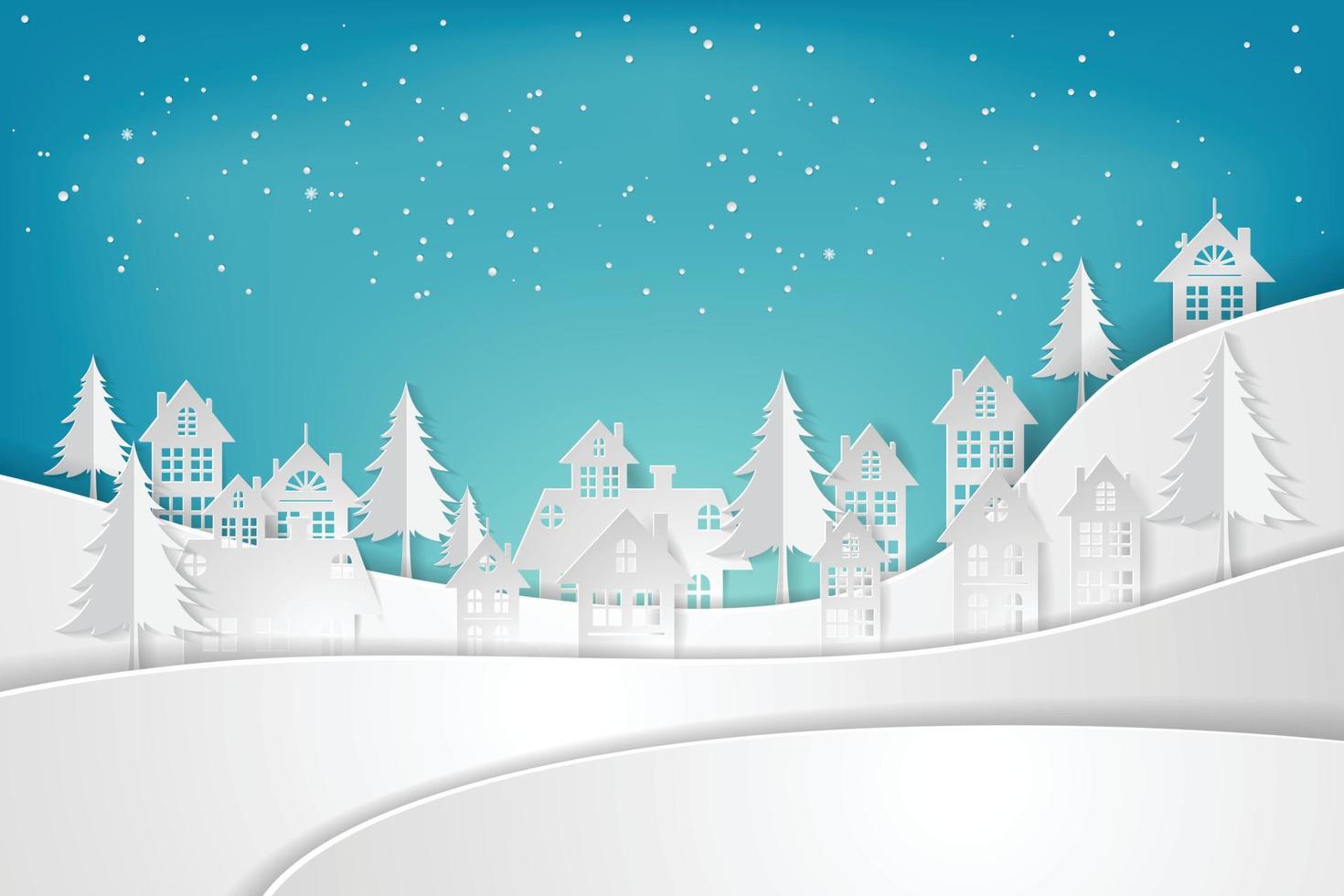 Snow Urban Countryside Landscape City Village. paper art and craft style. illustrator Vector eps 10.