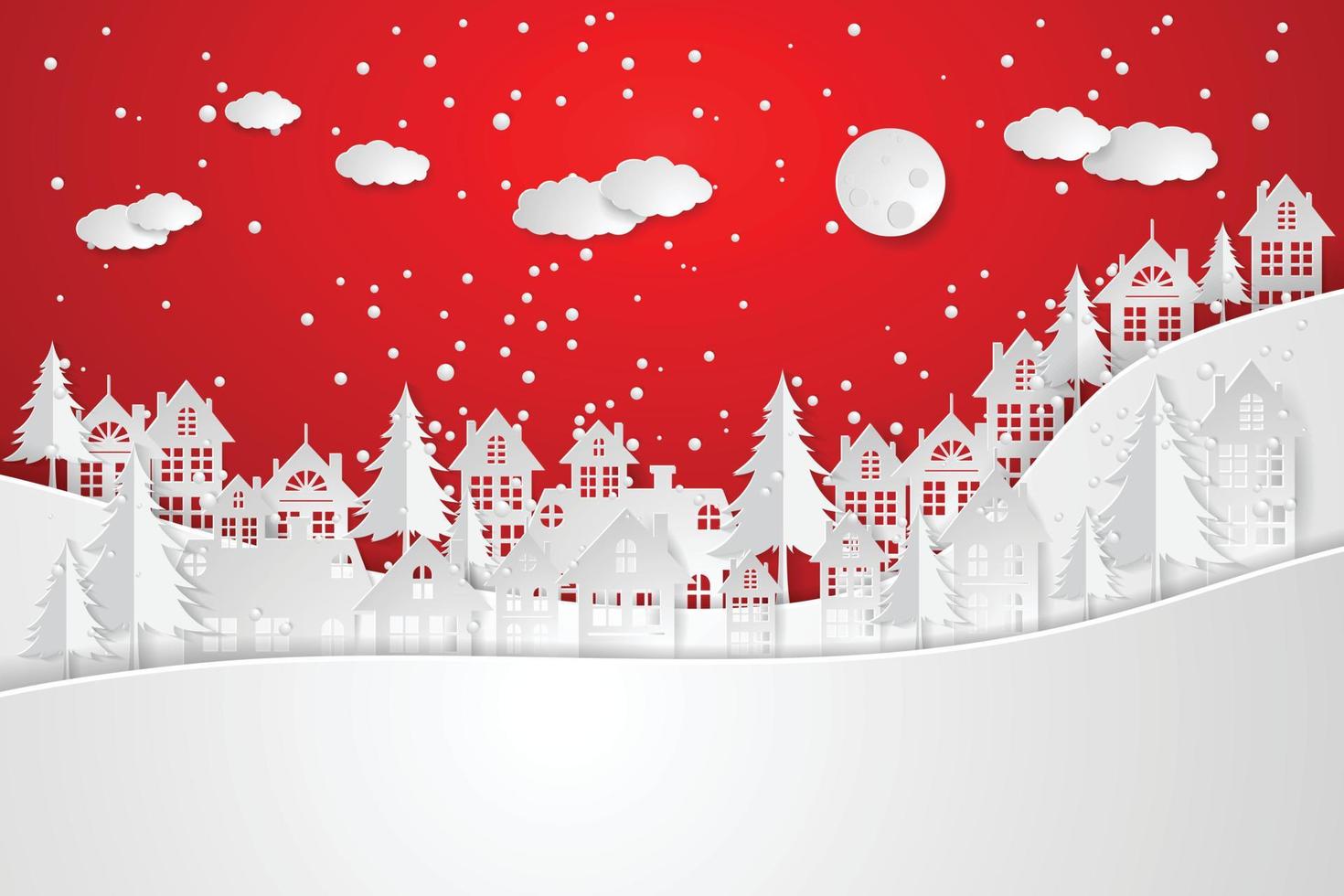 Snow Urban Countryside Landscape City Village. paper art and craft style. illustrator Vector eps 10.