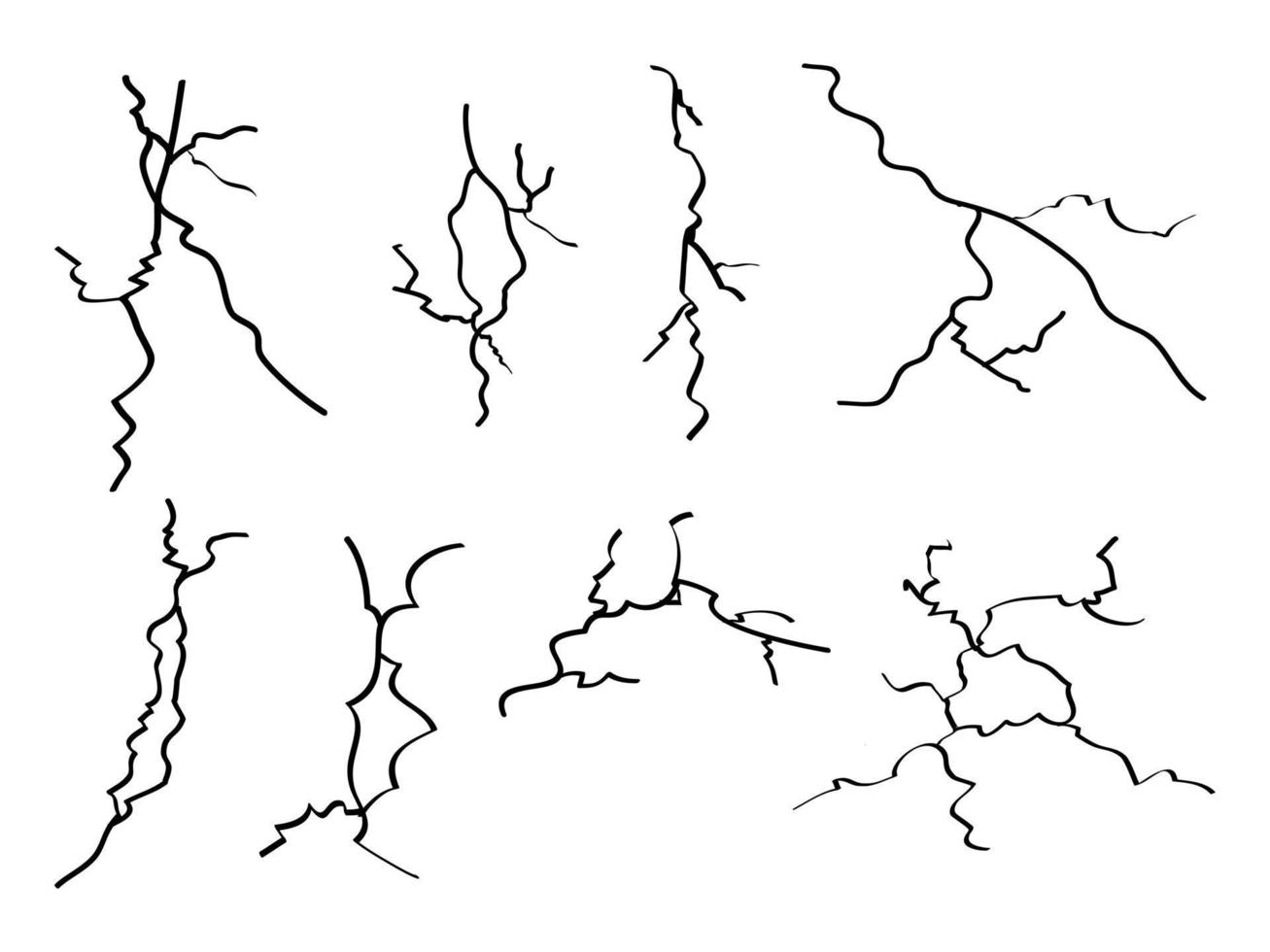 hand drawn cracked wall, ground, glass, egg. doodle break set. vector illustration