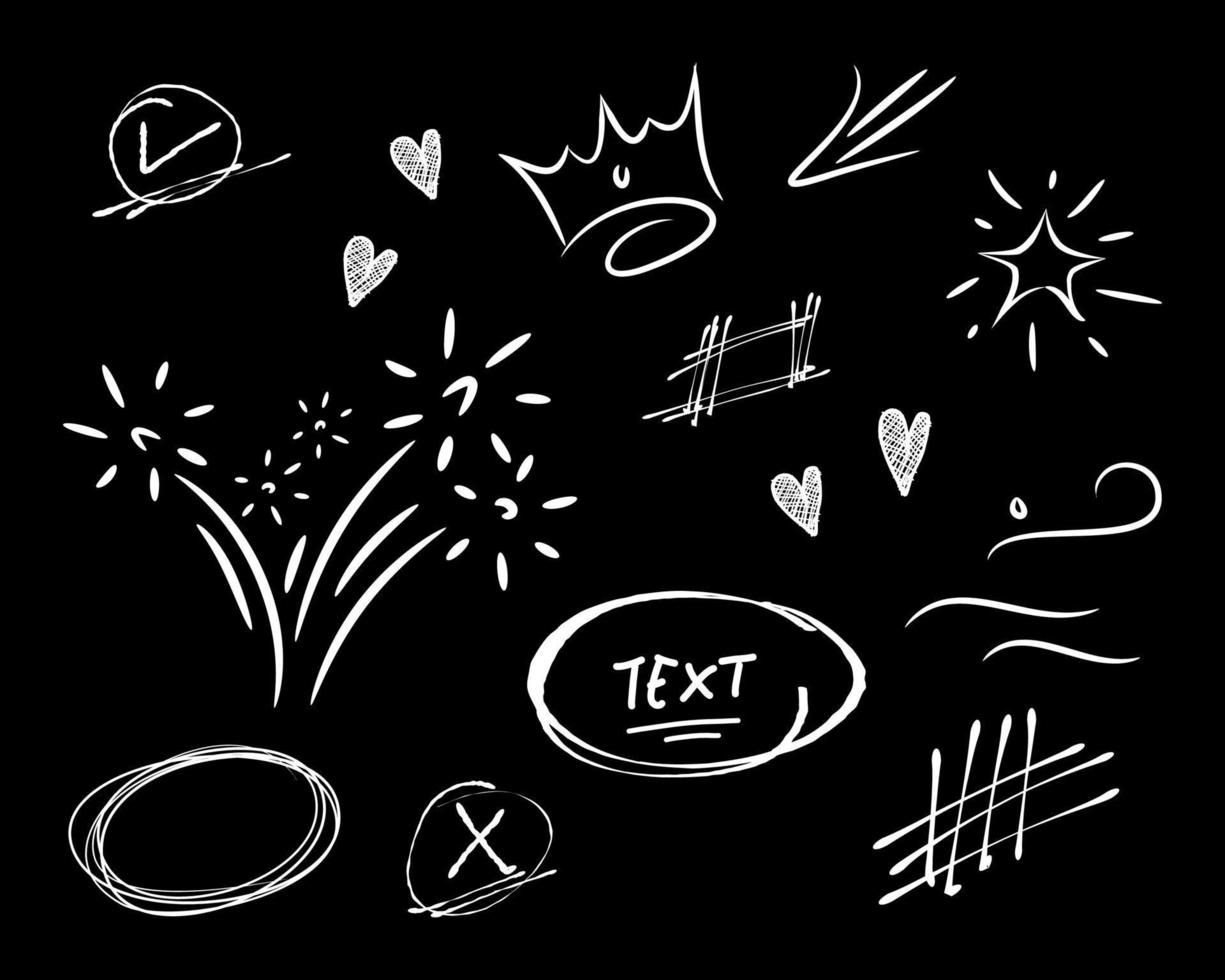 Vector doodle set of design element. curly swishes, swoosh, swoops, swirl, arrow, heart, love, crown, flower, star, firework, highlight text and emphasis element. use for concept design