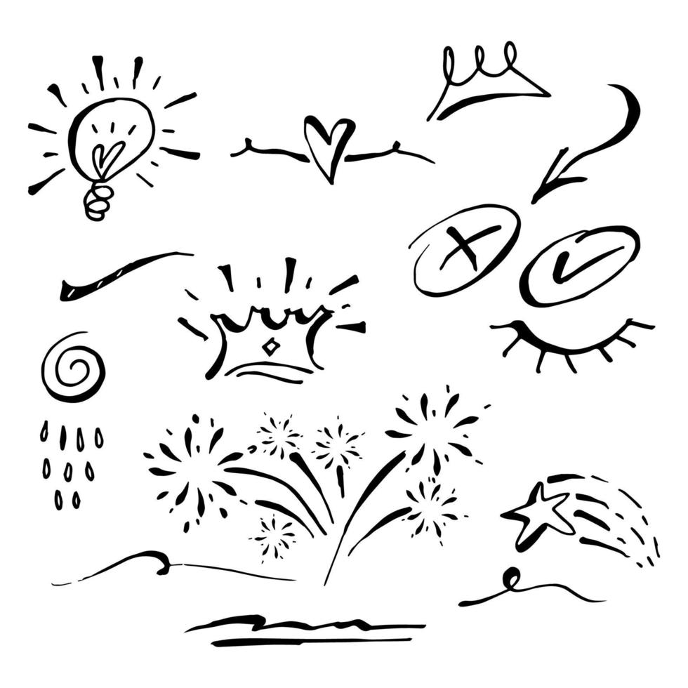 Vector hand drawn collection of design element. curly swishes, swoops, swirl, arrow, heart, love, crown, flower, star, firework, highlight text and emphasis element. use for concept design