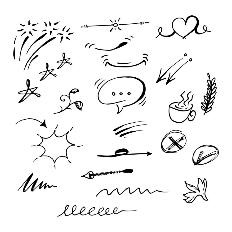 Vector hand drawn collection of design element. curly swishes, swoops, swirl, arrow, heart, love, crown, flower, star, firework, highlight text and emphasis element. use for concept design