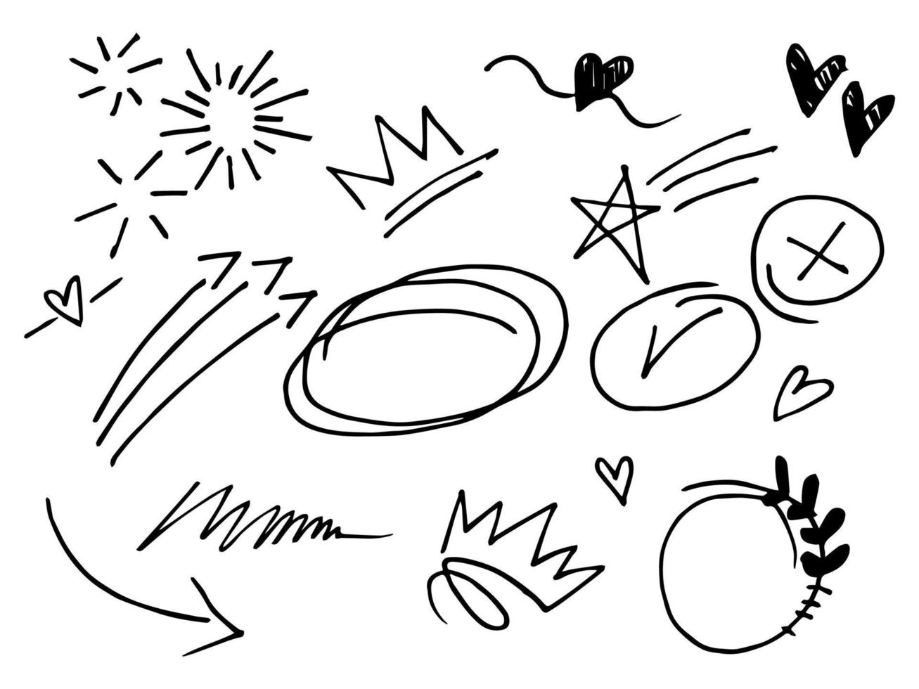 Vector hand drawn collection of curly swishes, swoops, swirl, heart, love, crown, flower, star, firework, highlight text and emphasis element, black on white background, use for concept design