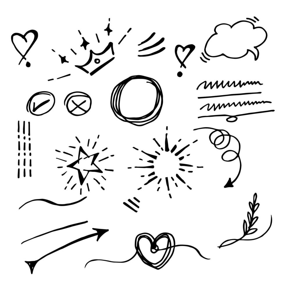 Vector hand drawn collection of design element. curly swishes, swoops, swirl, arrow, heart, love, crown, sunburst, star and emphasis element. use for concept design. vector illustration