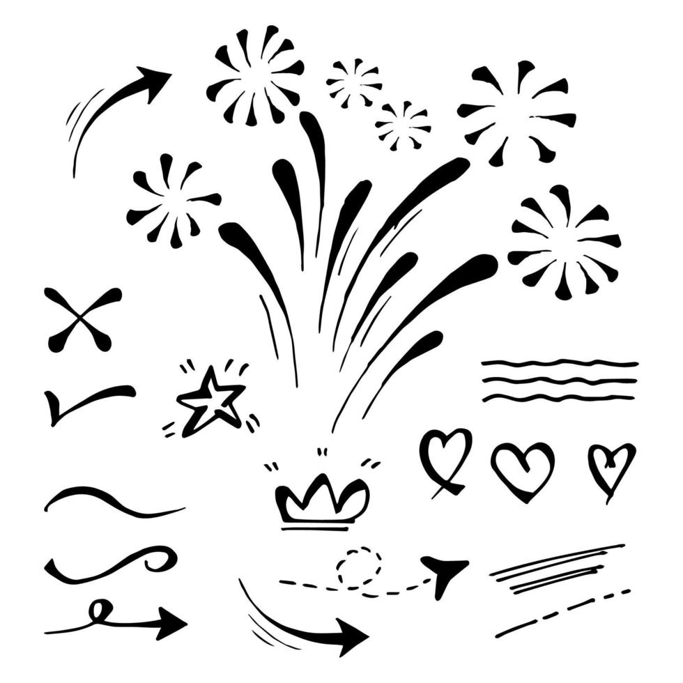 Vector hand drawn collection of design element. curly swishes, swoops, swirl, arrow, heart, love, crown, flower, star, firework, highlight text and emphasis element. use for concept design