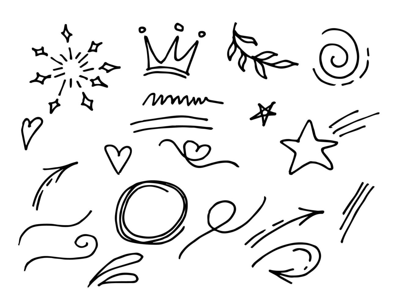 Vector hand drawn collection of design element. curly swishes, swoops, swirl, arrow, heart, love, crown, starburst. ribbon, leaf, star, highlight text and emphasis element. use for concept design
