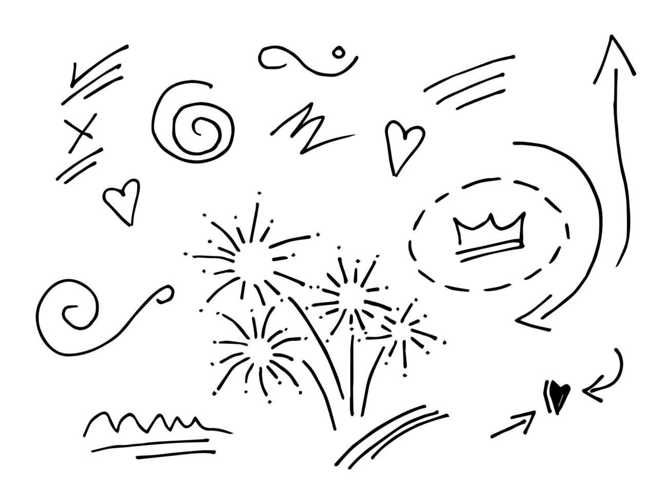 Vector hand drawn collection of design element. curly swishes, swoops, swirl, arrow, heart, love, crown, flower, star, firework, highlight text and emphasis element. use for concept design