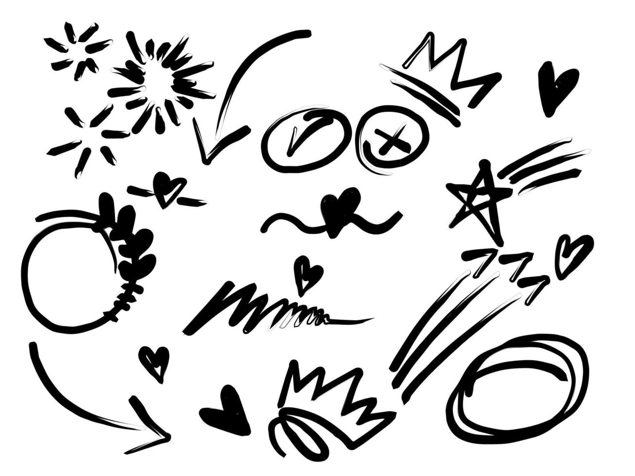 colección vectorial dibujada a mano de silbidos rizados, swoops, remolinos, corazón, amor, corona, flor, estrella, fuegos artificiales, elemento destacado y garabatos de énfasis, negro sobre fondo blanco vector