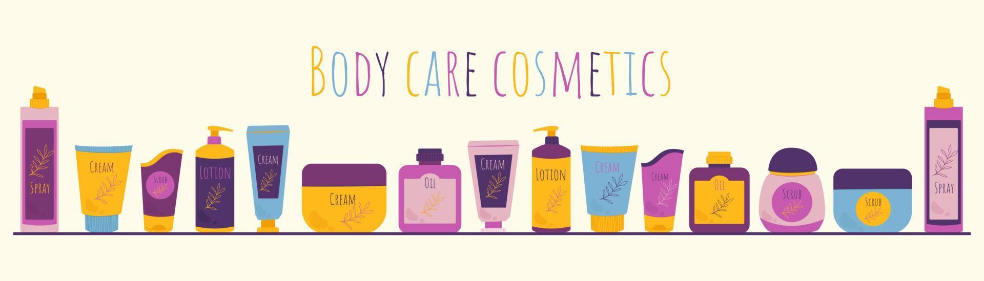 frascos y tubos con banner de cosméticos. cosméticos para el cuidado del cuerpo. ilustración vectorial en estilo plano. vector
